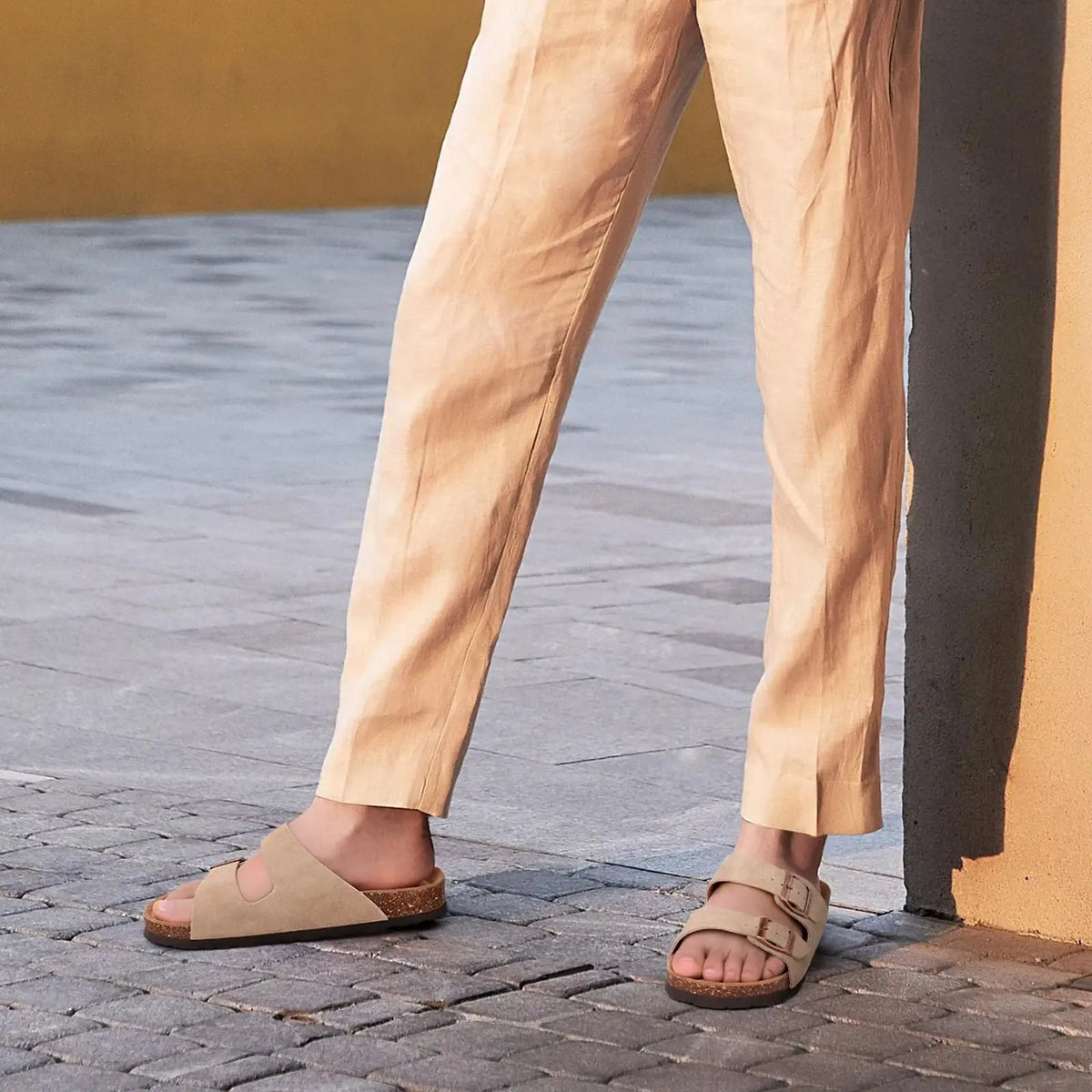 Ergonomic Double-Buckle Cork Slide Sandals