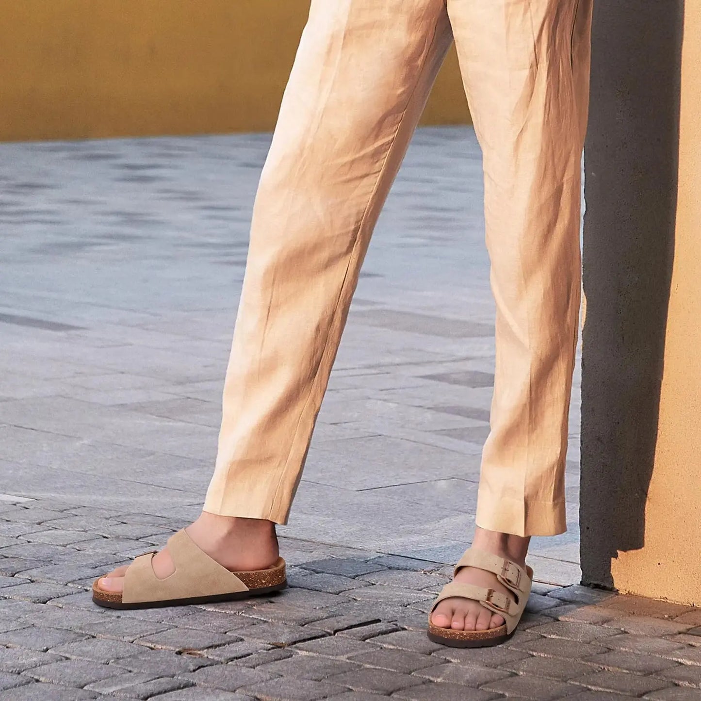 Ergonomic Double-Buckle Cork Slide Sandals
