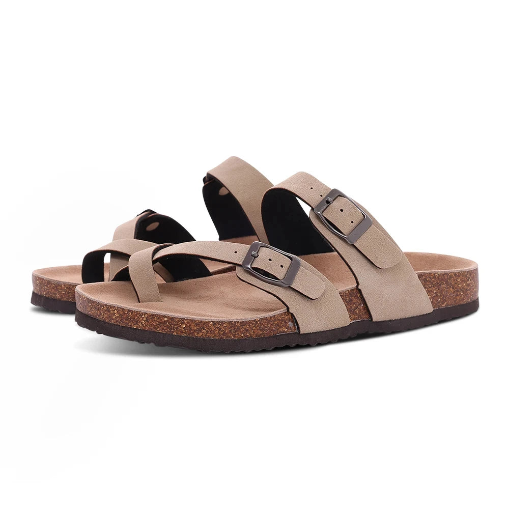 Ergonomic Double-Buckle Cork Slide Sandals