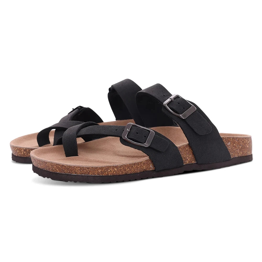 Ergonomic Double-Buckle Cork Slide Sandals