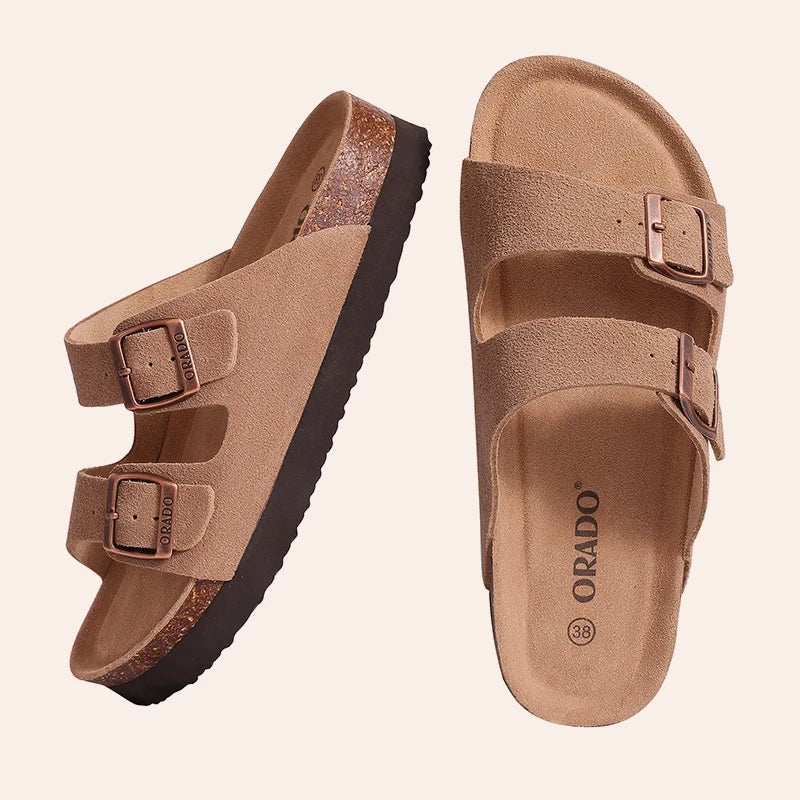 Ergonomic Double-Buckle Cork Slide Sandals